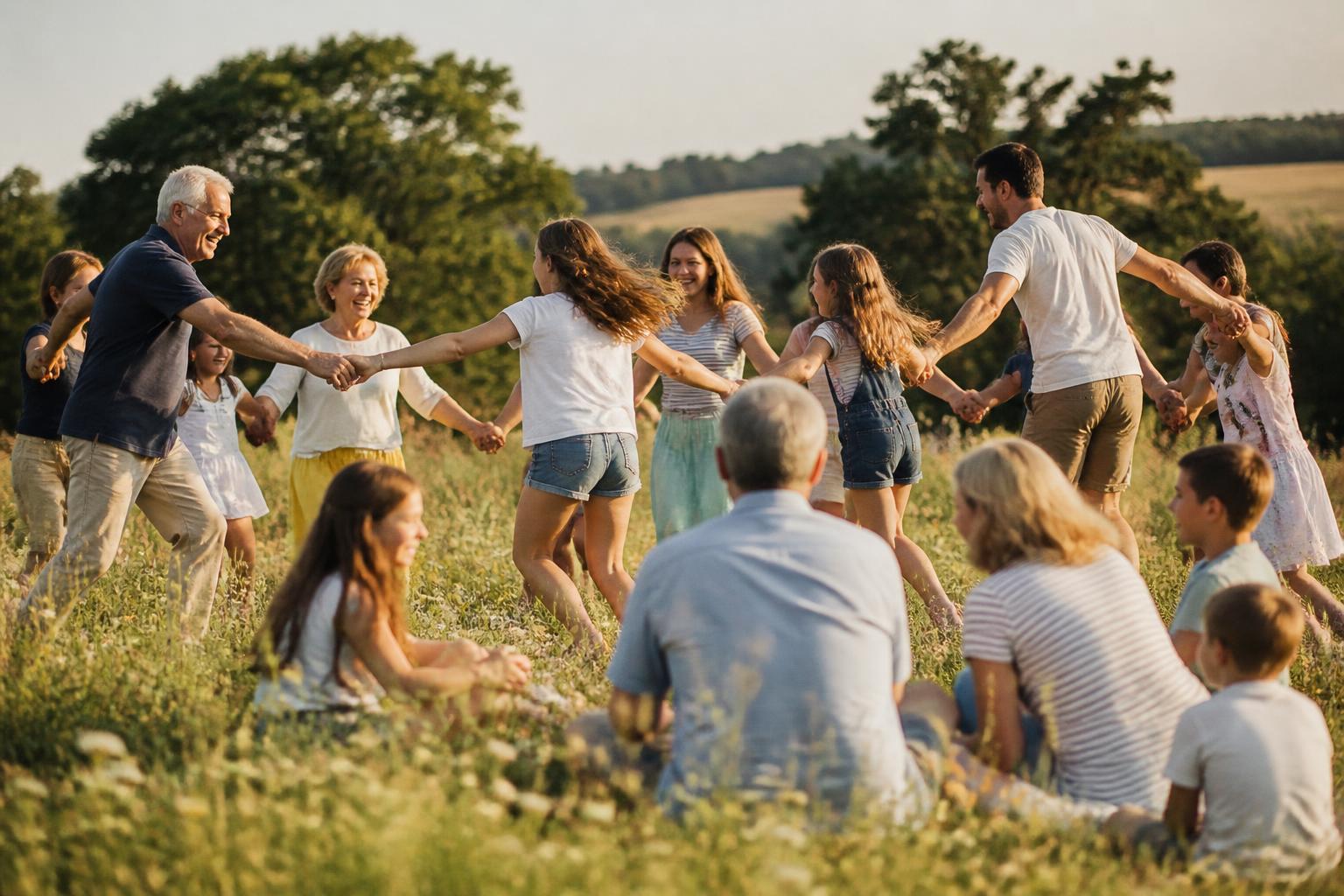 Menschen aller Altersgruppen spielen gemeinsam glücklich auf einer sommerlichen Wiese